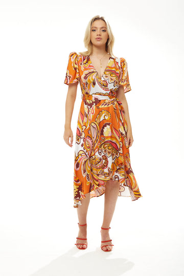 FAKE WRAP MIDI DRESS IN ORANGE FLORAL Liquorish